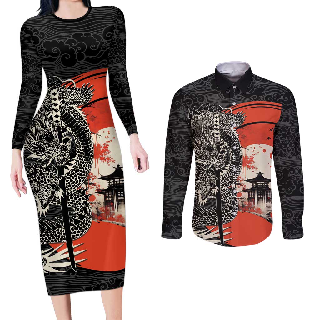 Japanese Dragon Katana Enso Couples Matching Long Sleeve Bodycon Dress and Long Sleeve Button Shirt Japan Pagoda Seamless Cloud - Polynesian Pride