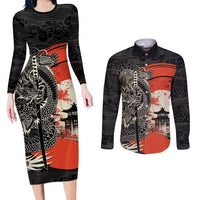 Japanese Dragon Katana Enso Couples Matching Long Sleeve Bodycon Dress and Long Sleeve Button Shirt Japan Pagoda Seamless Cloud - Polynesian Pride