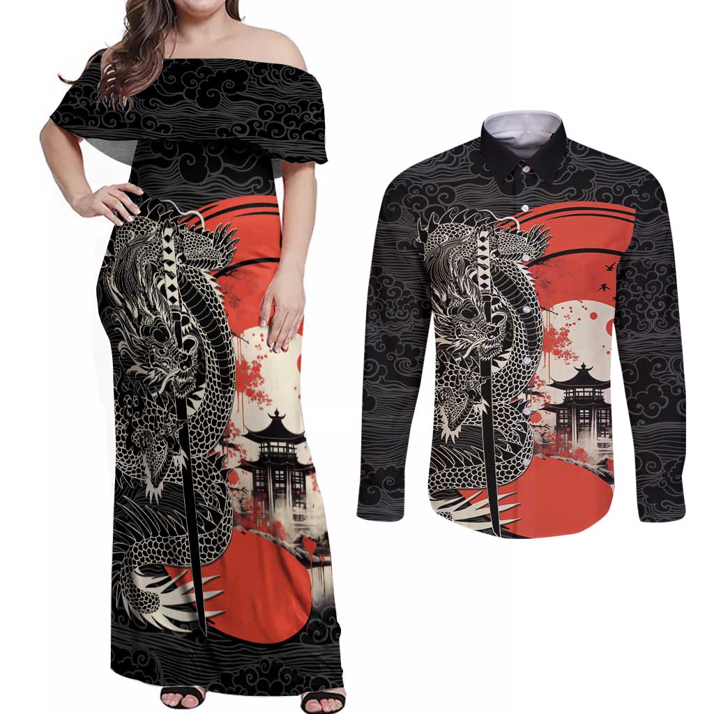 Japanese Dragon Katana Enso Couples Matching Off Shoulder Maxi Dress and Long Sleeve Button Shirt Japan Pagoda Seamless Cloud - Polynesian Pride