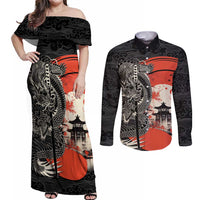 Japanese Dragon Katana Enso Couples Matching Off Shoulder Maxi Dress and Long Sleeve Button Shirt Japan Pagoda Seamless Cloud - Polynesian Pride