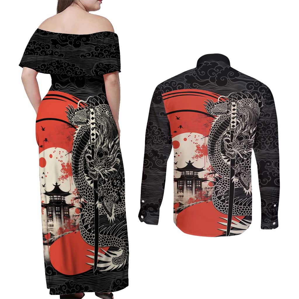 Japanese Dragon Katana Enso Couples Matching Off Shoulder Maxi Dress and Long Sleeve Button Shirt Japan Pagoda Seamless Cloud - Polynesian Pride