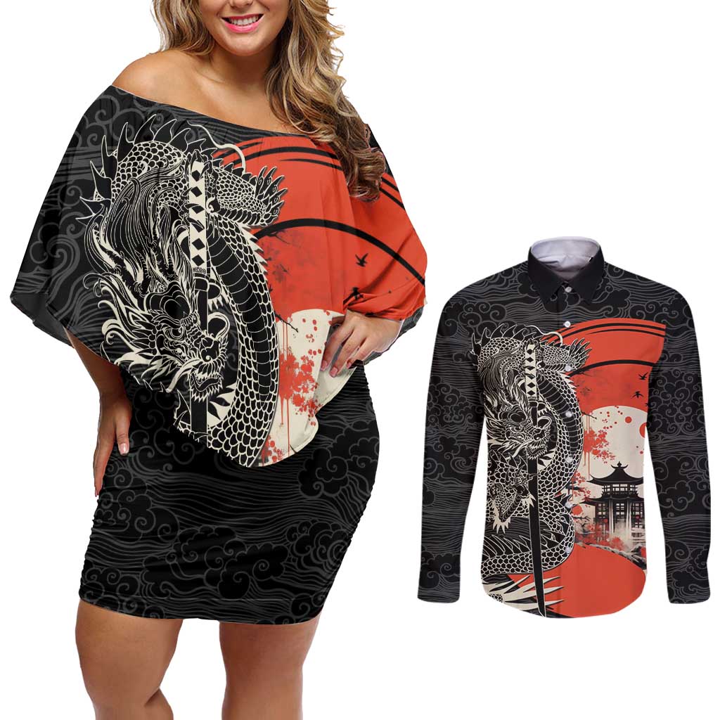 Japanese Dragon Katana Enso Couples Matching Off Shoulder Short Dress and Long Sleeve Button Shirt Japan Pagoda Seamless Cloud - Polynesian Pride