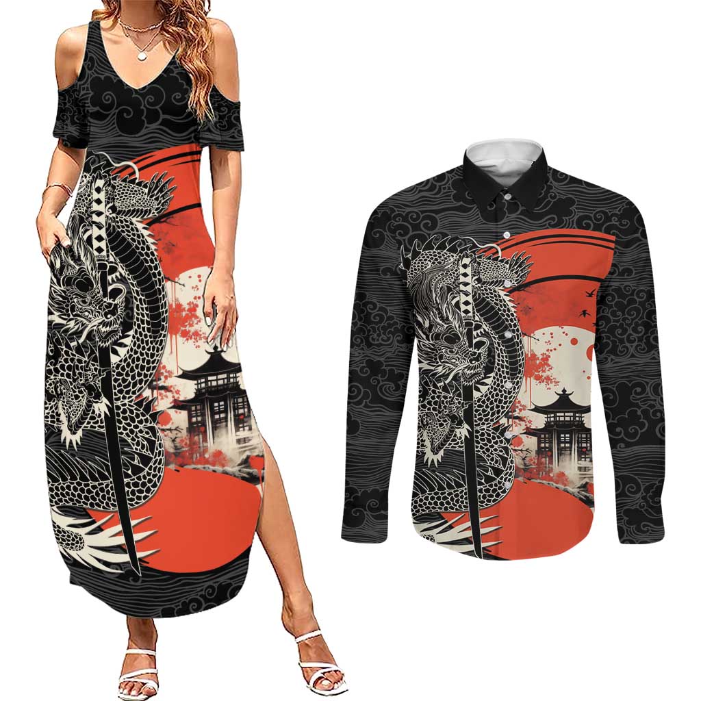 Japanese Dragon Katana Enso Couples Matching Summer Maxi Dress and Long Sleeve Button Shirt Japan Pagoda Seamless Cloud - Polynesian Pride