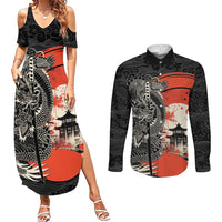 Japanese Dragon Katana Enso Couples Matching Summer Maxi Dress and Long Sleeve Button Shirt Japan Pagoda Seamless Cloud - Polynesian Pride