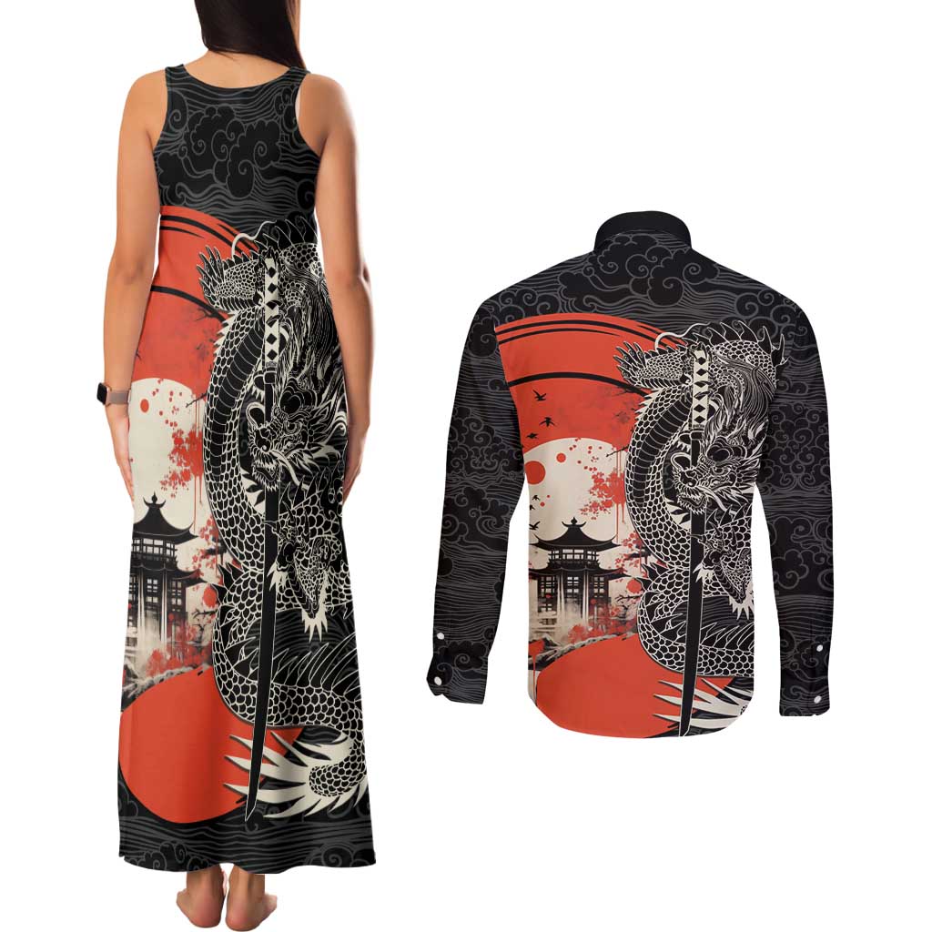 Japanese Dragon Katana Enso Couples Matching Tank Maxi Dress and Long Sleeve Button Shirt Japan Pagoda Seamless Cloud - Polynesian Pride