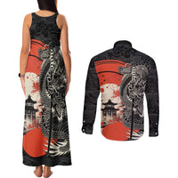 Japanese Dragon Katana Enso Couples Matching Tank Maxi Dress and Long Sleeve Button Shirt Japan Pagoda Seamless Cloud - Polynesian Pride