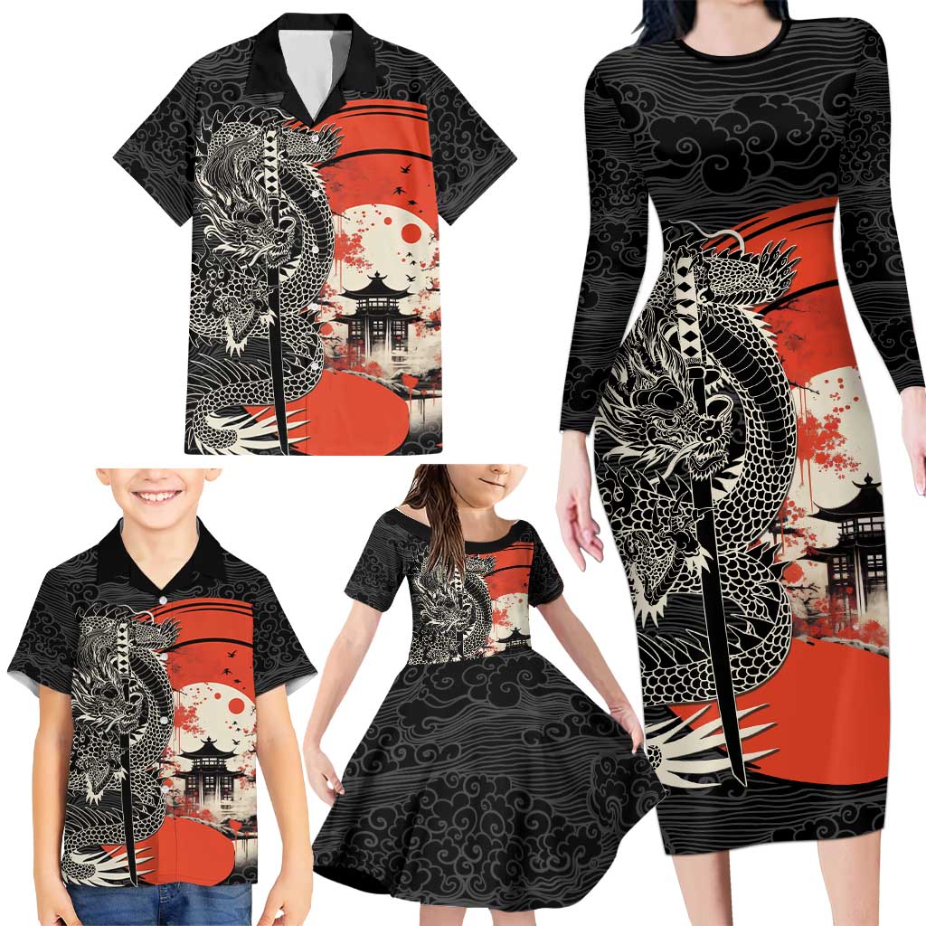 Japanese Dragon Katana Enso Family Matching Long Sleeve Bodycon Dress and Hawaiian Shirt Japan Pagoda Seamless Cloud LT14 - Polynesian Pride