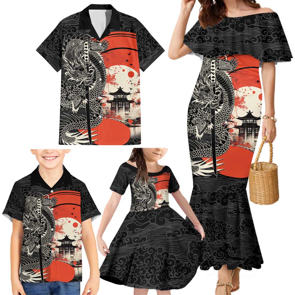 Japanese Dragon Katana Enso Family Matching Mermaid Dress and Hawaiian Shirt Japan Pagoda Seamless Cloud LT14 - Polynesian Pride