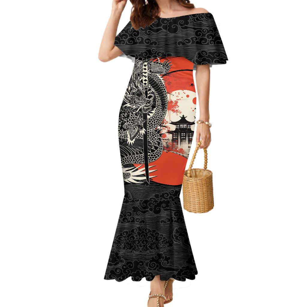 Japanese Dragon Katana Enso Family Matching Mermaid Dress and Hawaiian Shirt Japan Pagoda Seamless Cloud LT14 Mom's Dress Black - Polynesian Pride