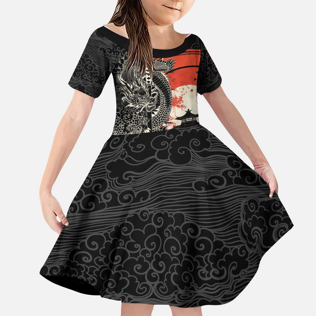 Japanese Dragon Katana Enso Family Matching Off The Shoulder Long Sleeve Dress and Hawaiian Shirt Japan Pagoda Seamless Cloud LT14 Daughter's Dress Black - Polynesian Pride