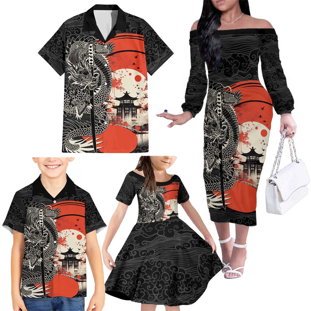 Japanese Dragon Katana Enso Family Matching Off The Shoulder Long Sleeve Dress and Hawaiian Shirt Japan Pagoda Seamless Cloud LT14 - Polynesian Pride