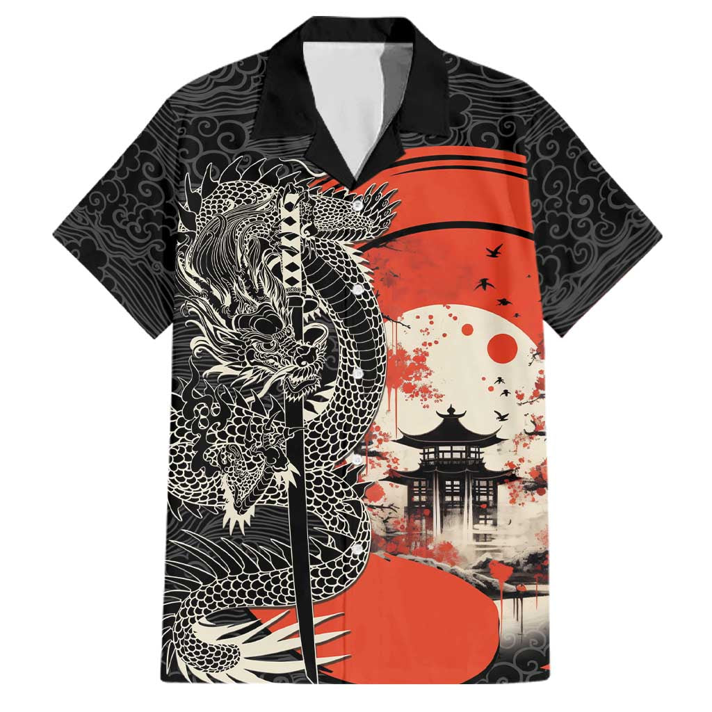 Japanese Dragon Katana Enso Family Matching Off The Shoulder Long Sleeve Dress and Hawaiian Shirt Japan Pagoda Seamless Cloud LT14 Dad's Shirt - Short Sleeve Black - Polynesian Pride