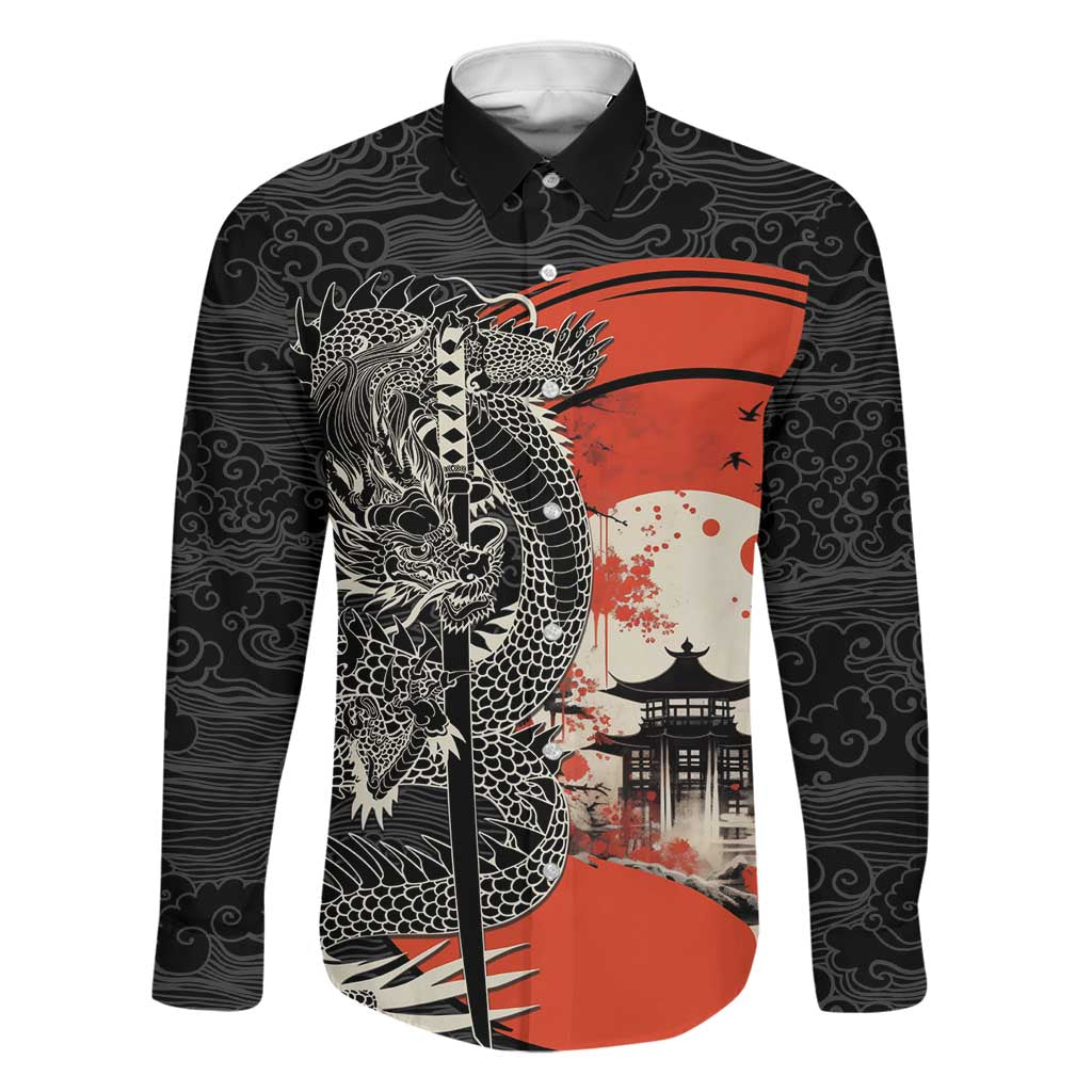 Japanese Dragon Katana Enso Family Matching Off Shoulder Maxi Dress and Hawaiian Shirt Japan Pagoda Seamless Cloud LT14 Dad's Shirt - Long Sleeve Black - Polynesian Pride