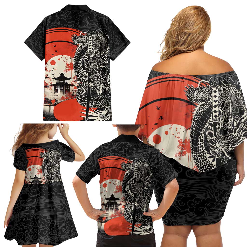 Japanese Dragon Katana Enso Family Matching Off Shoulder Short Dress and Hawaiian Shirt Japan Pagoda Seamless Cloud LT14 - Polynesian Pride
