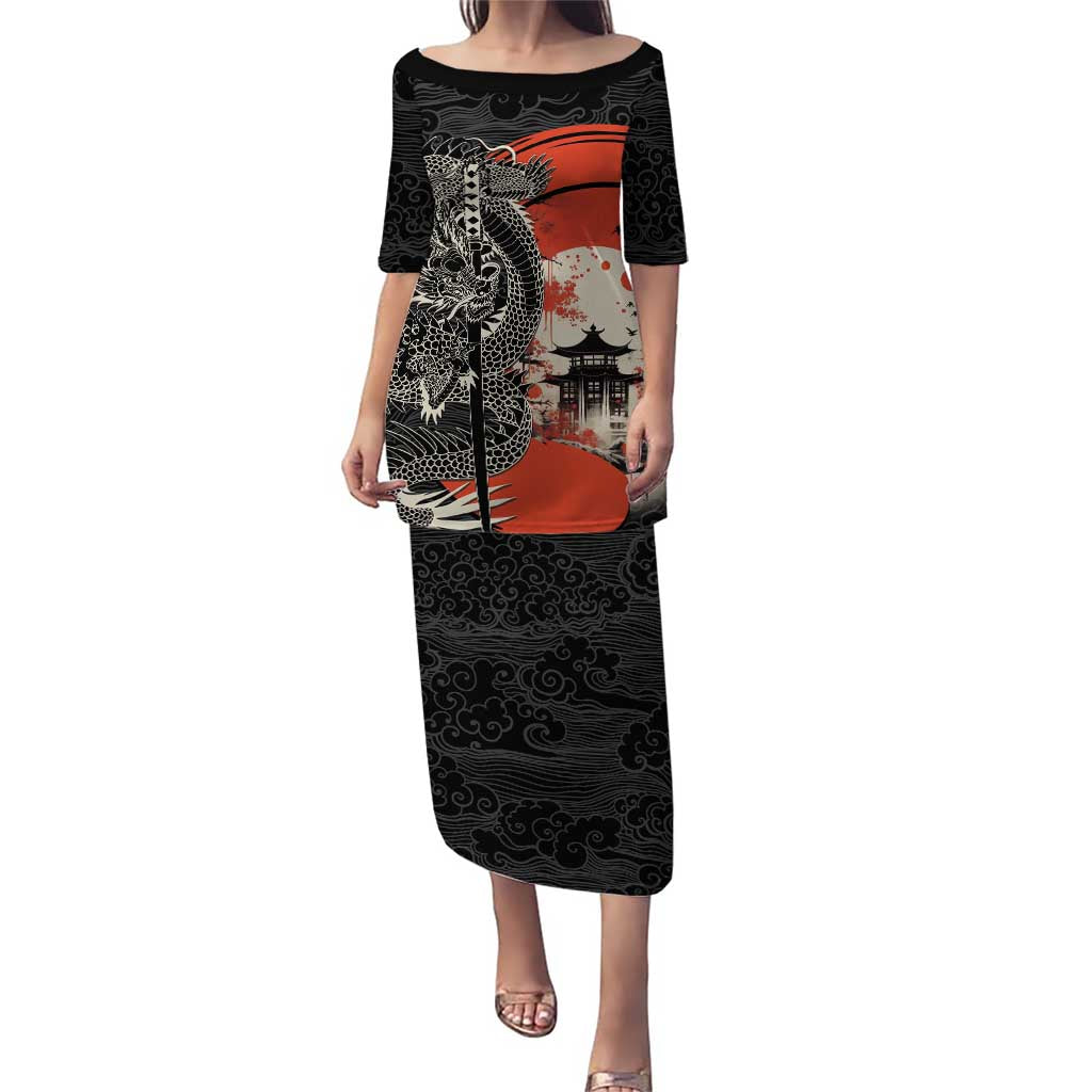 Japanese Dragon Katana Enso Family Matching Puletasi and Hawaiian Shirt Japan Pagoda Seamless Cloud LT14 Mom's Dress Black - Polynesian Pride