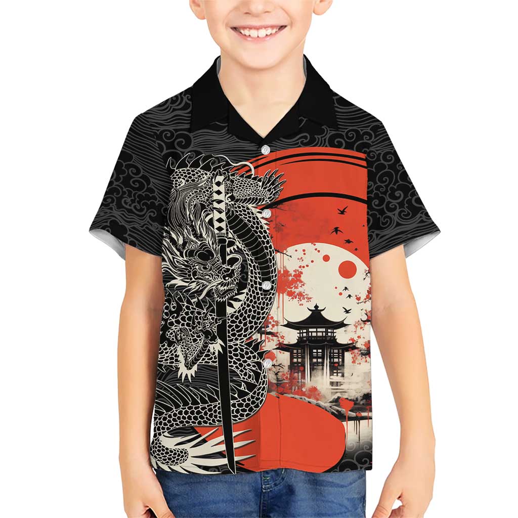 Japanese Dragon Katana Enso Family Matching Summer Maxi Dress and Hawaiian Shirt Japan Pagoda Seamless Cloud LT14 Son's Shirt Black - Polynesian Pride