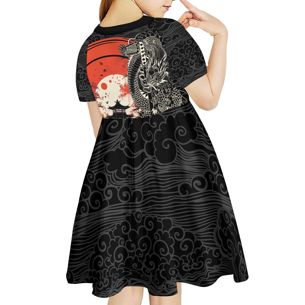 Japanese Dragon Katana Enso Kid Short Sleeve Dress Japan Pagoda Seamless Cloud - Polynesian Pride