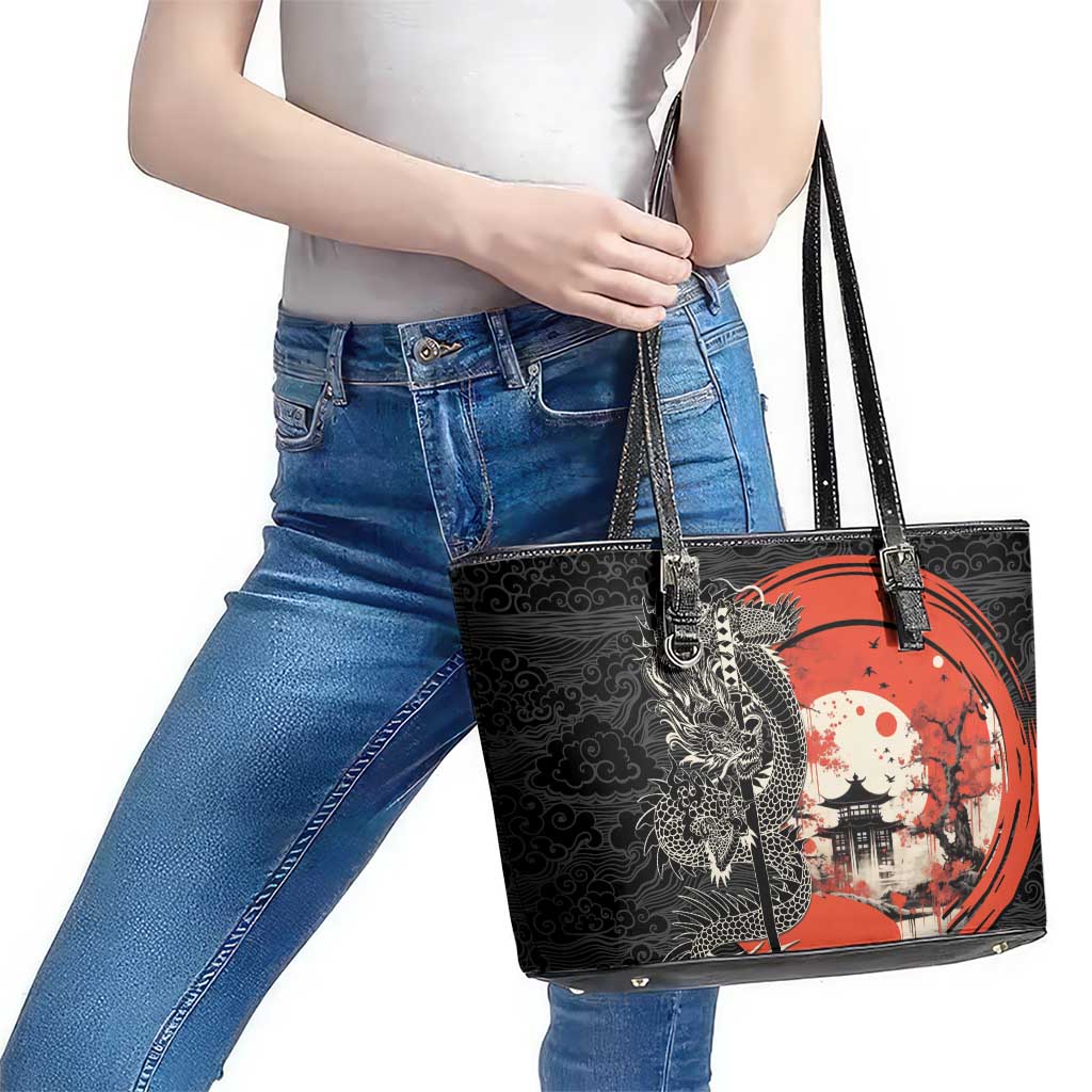 Japanese Dragon Katana Enso Leather Tote Bag Japan Pagoda Seamless Cloud - Polynesian Pride