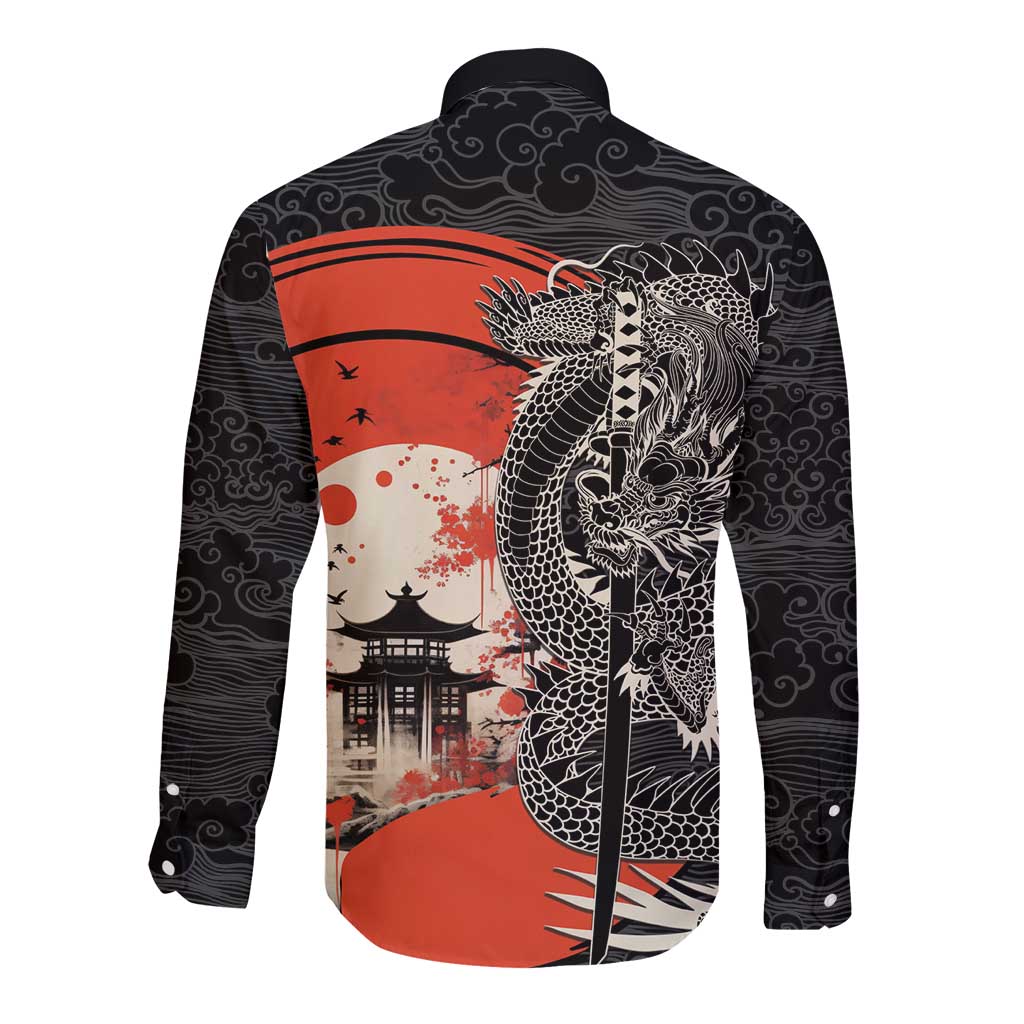 Japanese Dragon Katana Enso Long Sleeve Button Shirt Japan Pagoda Seamless Cloud - Polynesian Pride