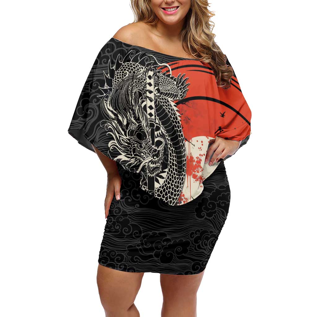 Japanese Dragon Katana Enso Off Shoulder Short Dress Japan Pagoda Seamless Cloud - Polynesian Pride