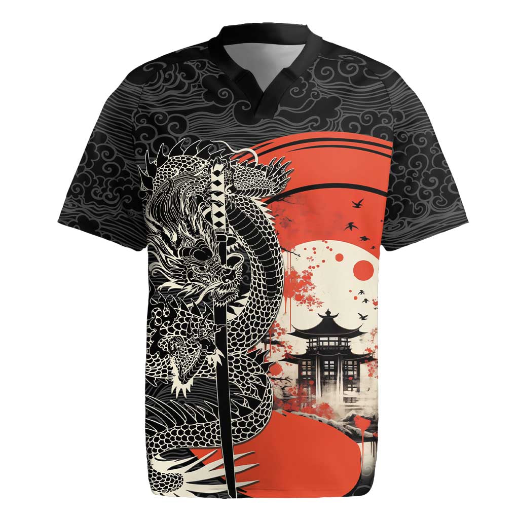 Japanese Dragon Katana Enso Rugby Jersey Japan Pagoda Seamless Cloud LT14 Black - Polynesian Pride