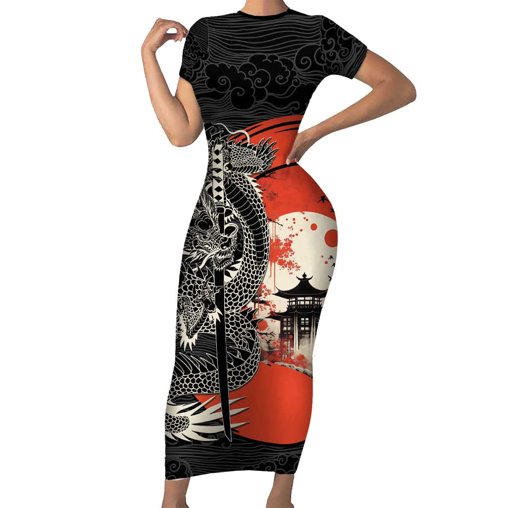 Japanese Dragon Katana Enso Short Sleeve Bodycon Dress Japan Pagoda Seamless Cloud LT14 Long Dress Black - Polynesian Pride
