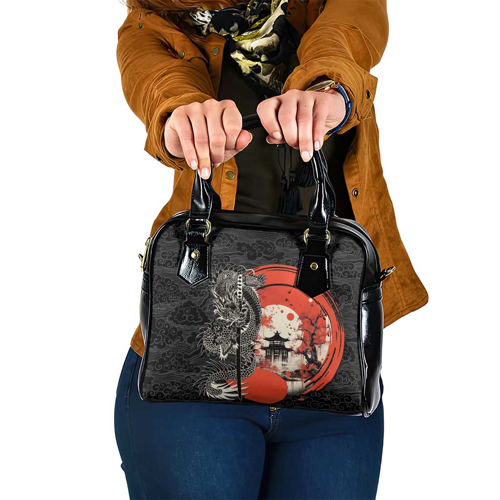 Japanese Dragon Katana Enso Shoulder Handbag Japan Pagoda Seamless Cloud LT14 One Size Black - Polynesian Pride
