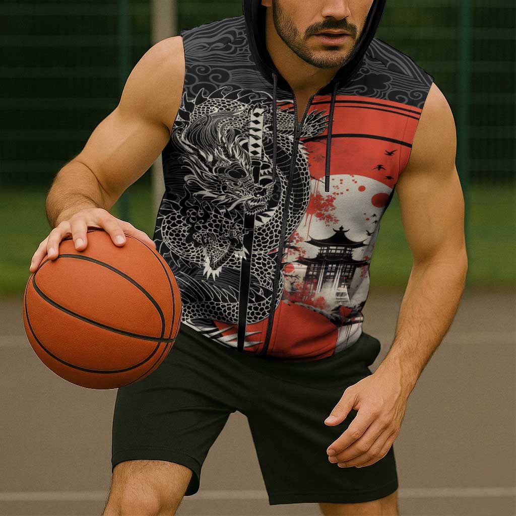 Japanese Dragon Katana Enso Sleeveless Zip Hoodie Japan Pagoda Seamless Cloud - Polynesian Pride