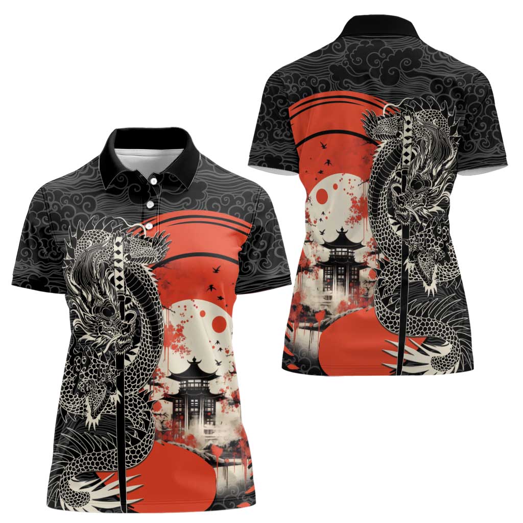 Japanese Dragon Katana Enso Women Polo Shirt Japan Pagoda Seamless Cloud - Polynesian Pride
