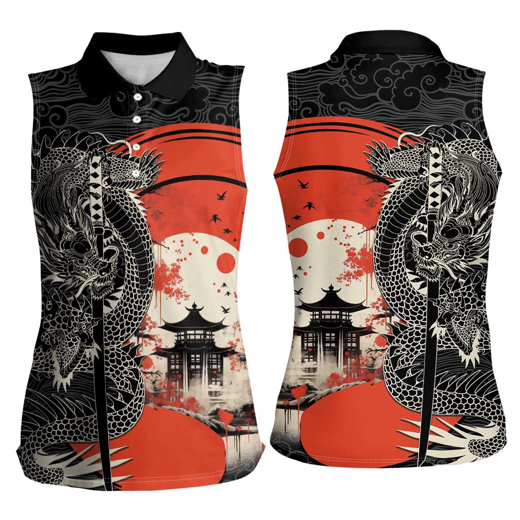 Japanese Dragon Katana Enso Women Sleeveless Polo Shirt Japan Pagoda Seamless Cloud - Polynesian Pride