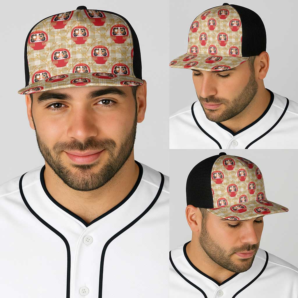 Japanese Daruma Doll Baseball Net Cap Palaka With Seamless Bamboo Pattern