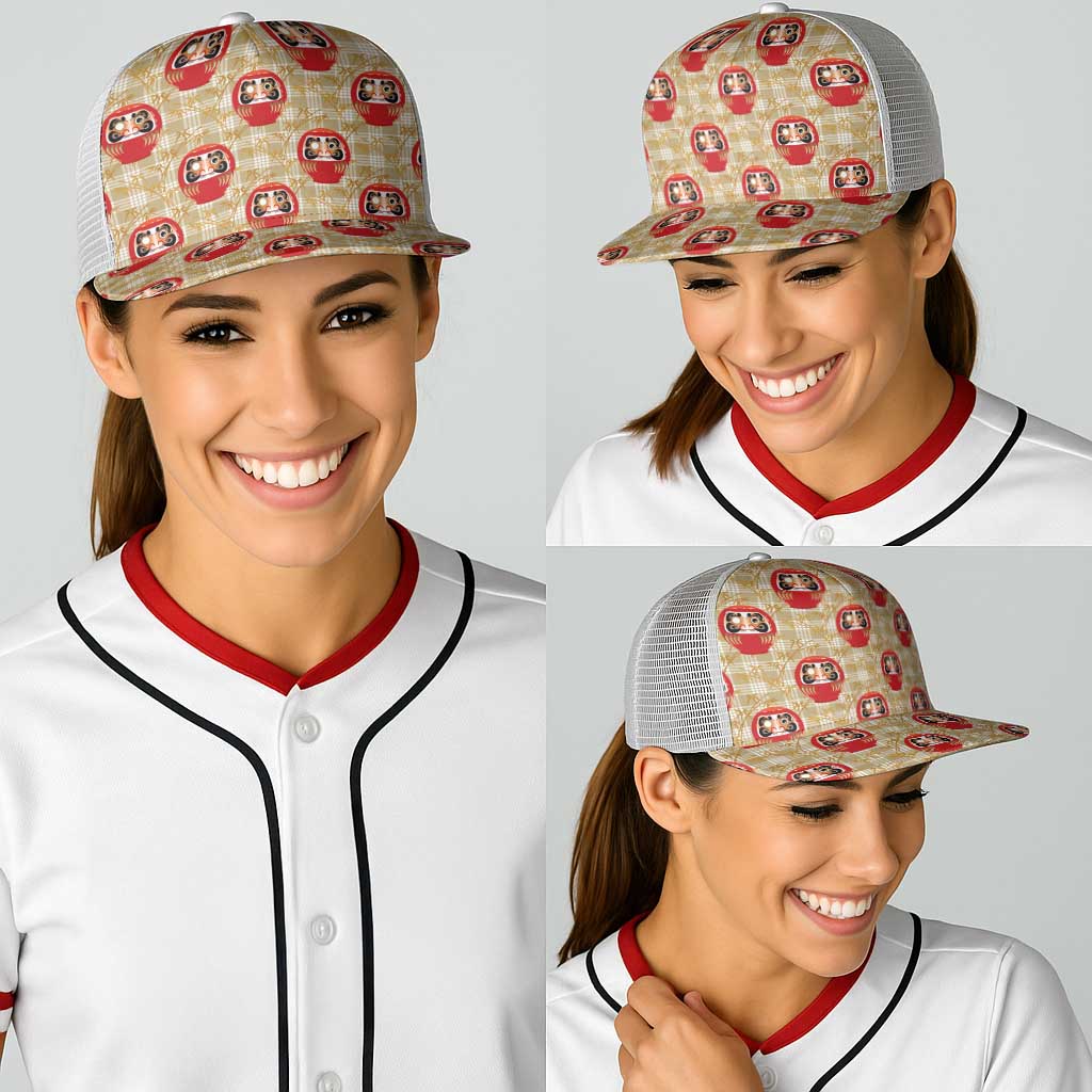 Japanese Daruma Doll Baseball Net Cap Palaka With Seamless Bamboo Pattern
