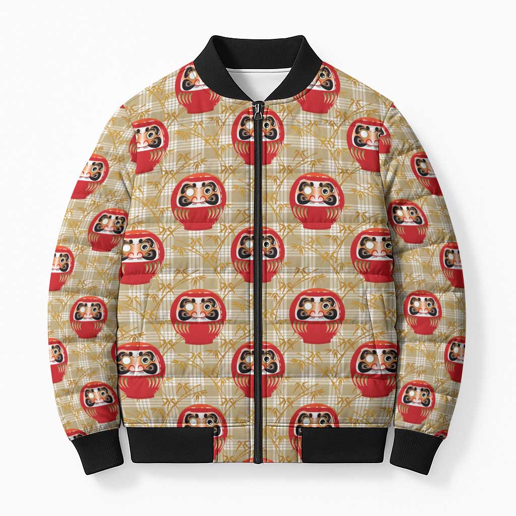 Japanese Daruma Doll Bomber Puffer Jacket Palaka With Seamless Bamboo Pattern - Polynesian Pride