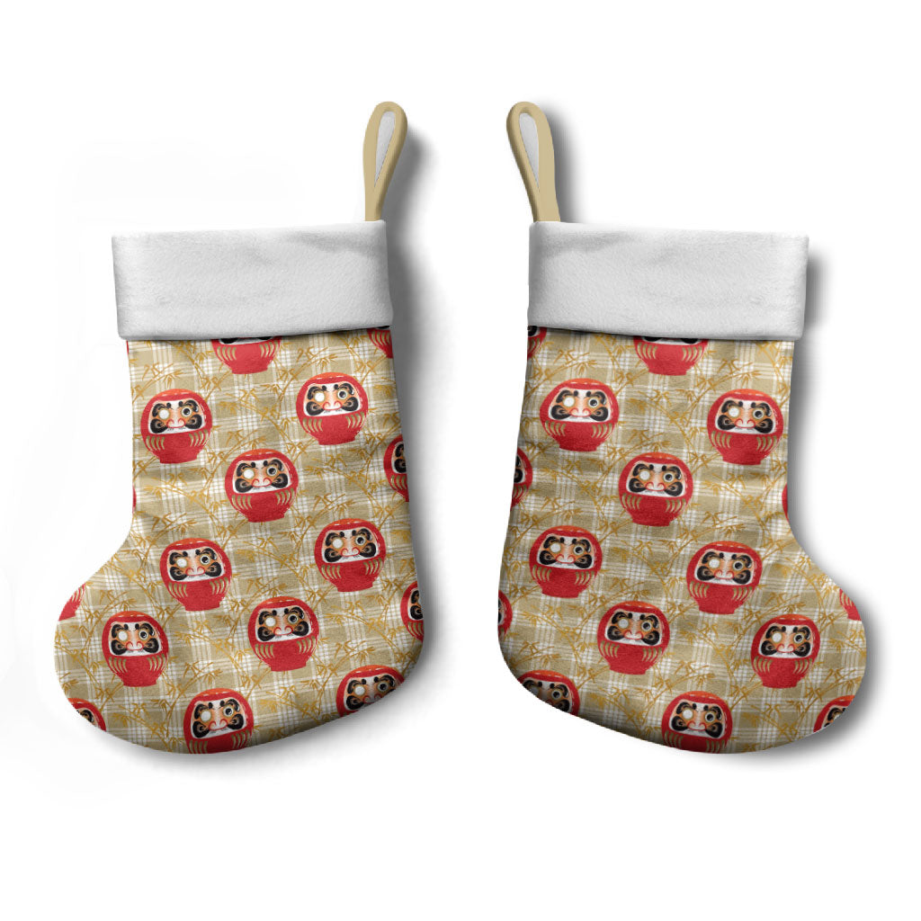 Japanese Daruma Doll Christmas Stocking Palaka With Seamless Bamboo Pattern