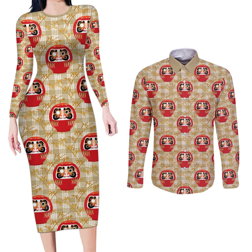 Japanese Daruma Doll Couples Matching Long Sleeve Bodycon Dress and Long Sleeve Button Shirt Palaka With Seamless Bamboo Pattern - Polynesian Pride