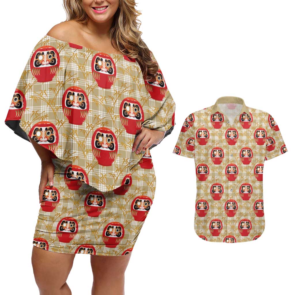 Japanese Daruma Doll Couples Matching Off Shoulder Short Dress and Hawaiian Shirt Palaka With Seamless Bamboo Pattern - Polynesian Pride