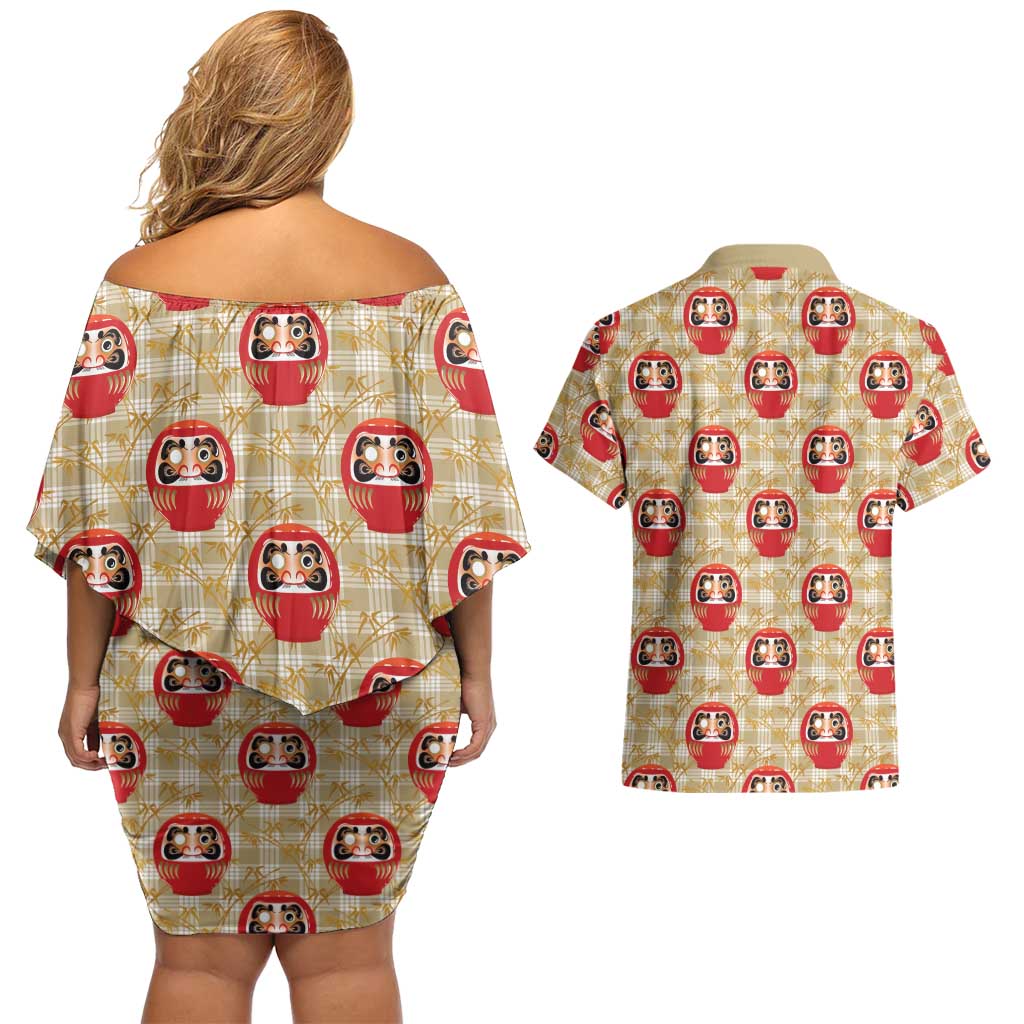 Japanese Daruma Doll Couples Matching Off Shoulder Short Dress and Hawaiian Shirt Palaka With Seamless Bamboo Pattern - Polynesian Pride