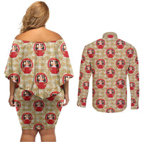 Japanese Daruma Doll Couples Matching Off Shoulder Short Dress and Long Sleeve Button Shirt Palaka With Seamless Bamboo Pattern - Polynesian Pride