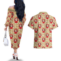Japanese Daruma Doll Couples Matching Off The Shoulder Long Sleeve Dress and Hawaiian Shirt Palaka With Seamless Bamboo Pattern - Polynesian Pride