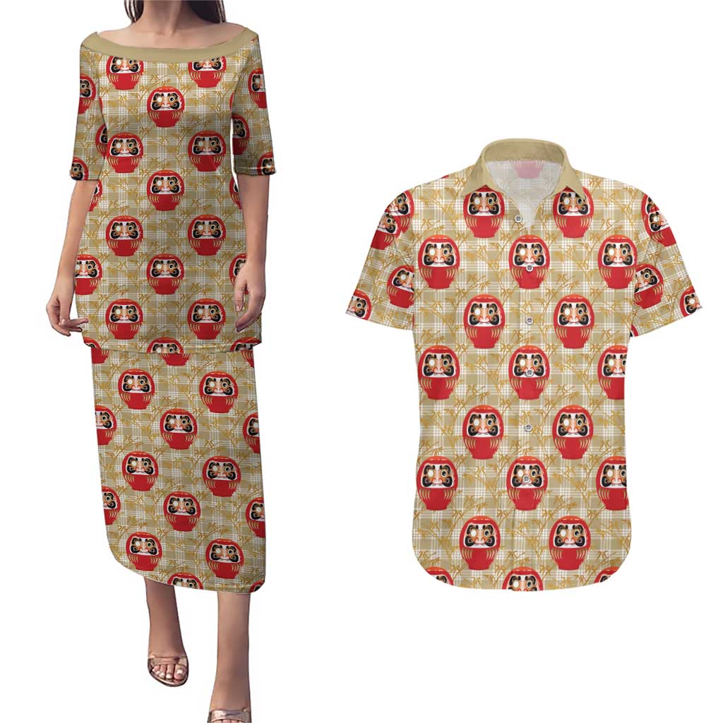 Japanese Daruma Doll Couples Matching Puletasi and Hawaiian Shirt Palaka With Seamless Bamboo Pattern - Polynesian Pride