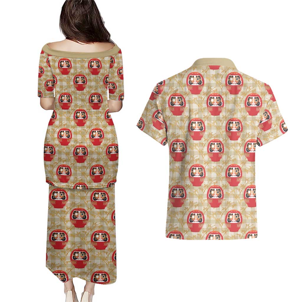 Japanese Daruma Doll Couples Matching Puletasi and Hawaiian Shirt Palaka With Seamless Bamboo Pattern - Polynesian Pride
