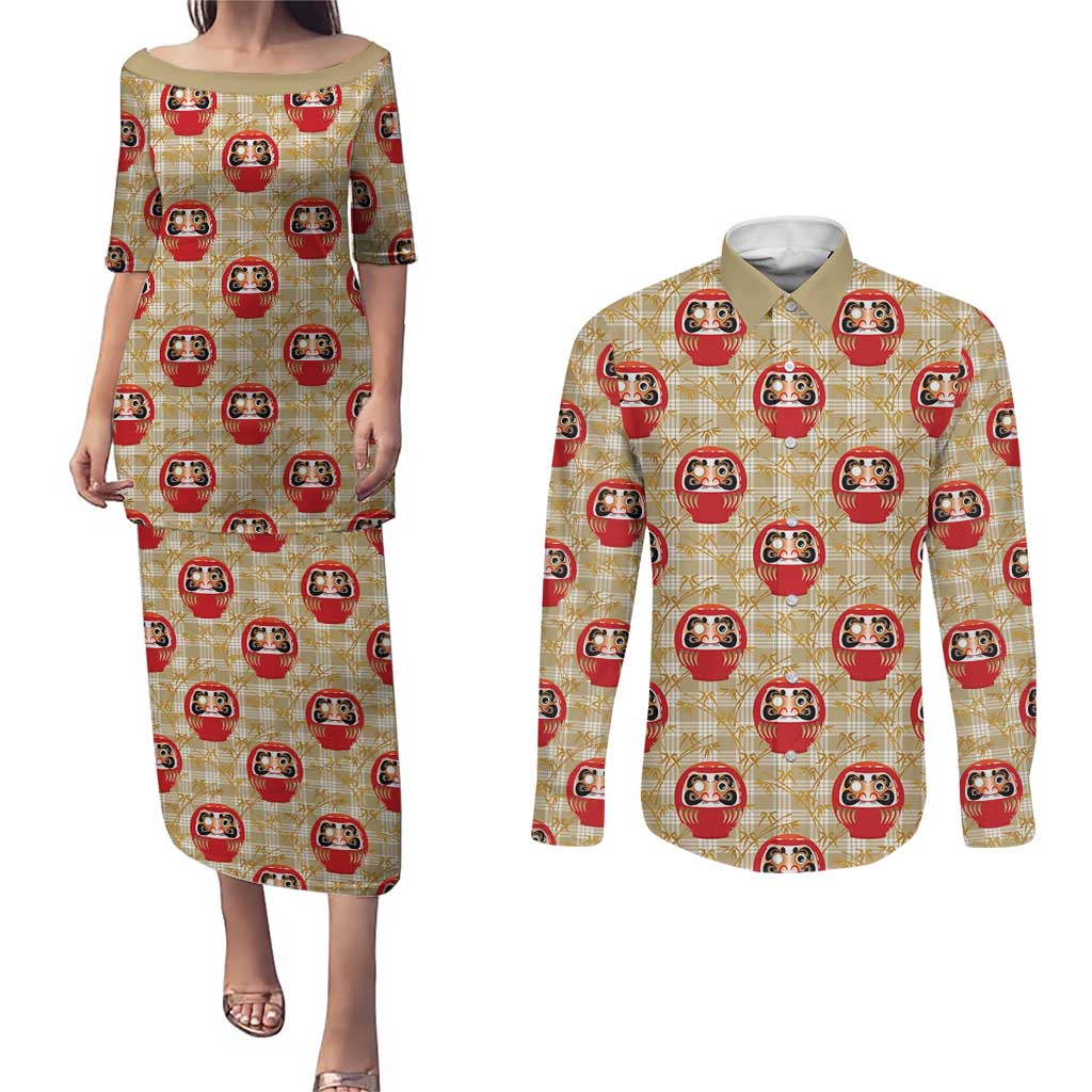 Japanese Daruma Doll Couples Matching Puletasi and Long Sleeve Button Shirt Palaka With Seamless Bamboo Pattern - Polynesian Pride