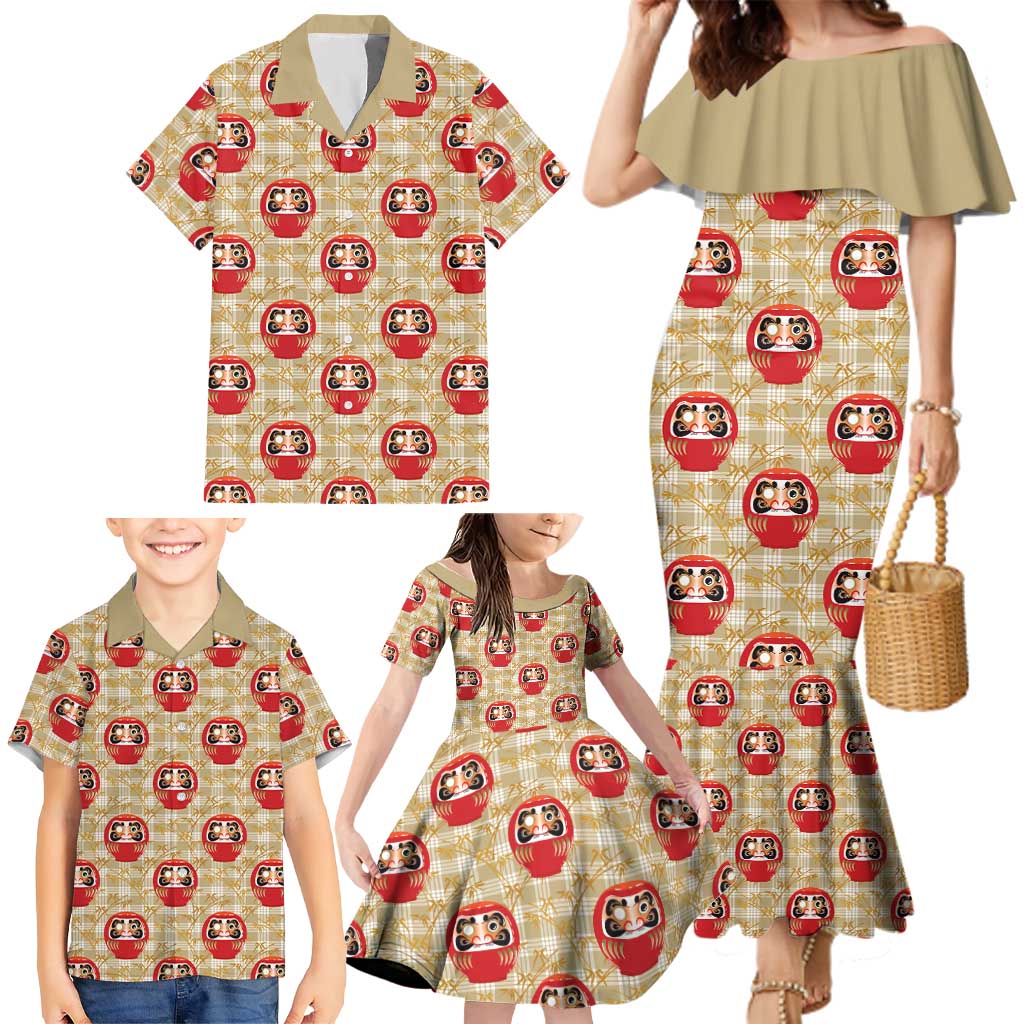 Japanese Daruma Doll Family Matching Mermaid Dress and Hawaiian Shirt Palaka With Seamless Bamboo Pattern - Polynesian Pride