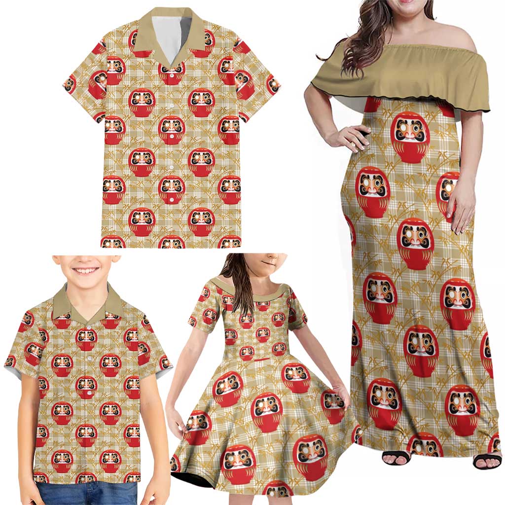Japanese Daruma Doll Family Matching Off Shoulder Maxi Dress and Hawaiian Shirt Palaka With Seamless Bamboo Pattern - Polynesian Pride