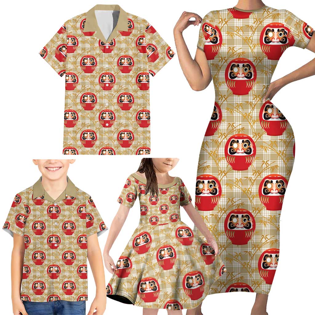 Japanese Daruma Doll Family Matching Short Sleeve Bodycon Dress and Hawaiian Shirt Palaka With Seamless Bamboo Pattern - Polynesian Pride