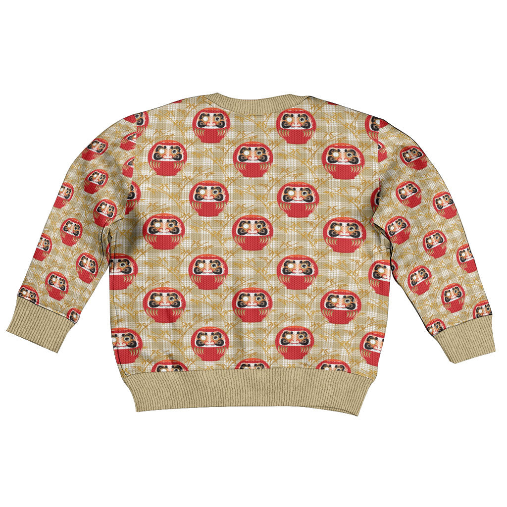 Japanese Daruma Doll Kid Ugly Christmas Sweater Palaka With Seamless Bamboo Pattern