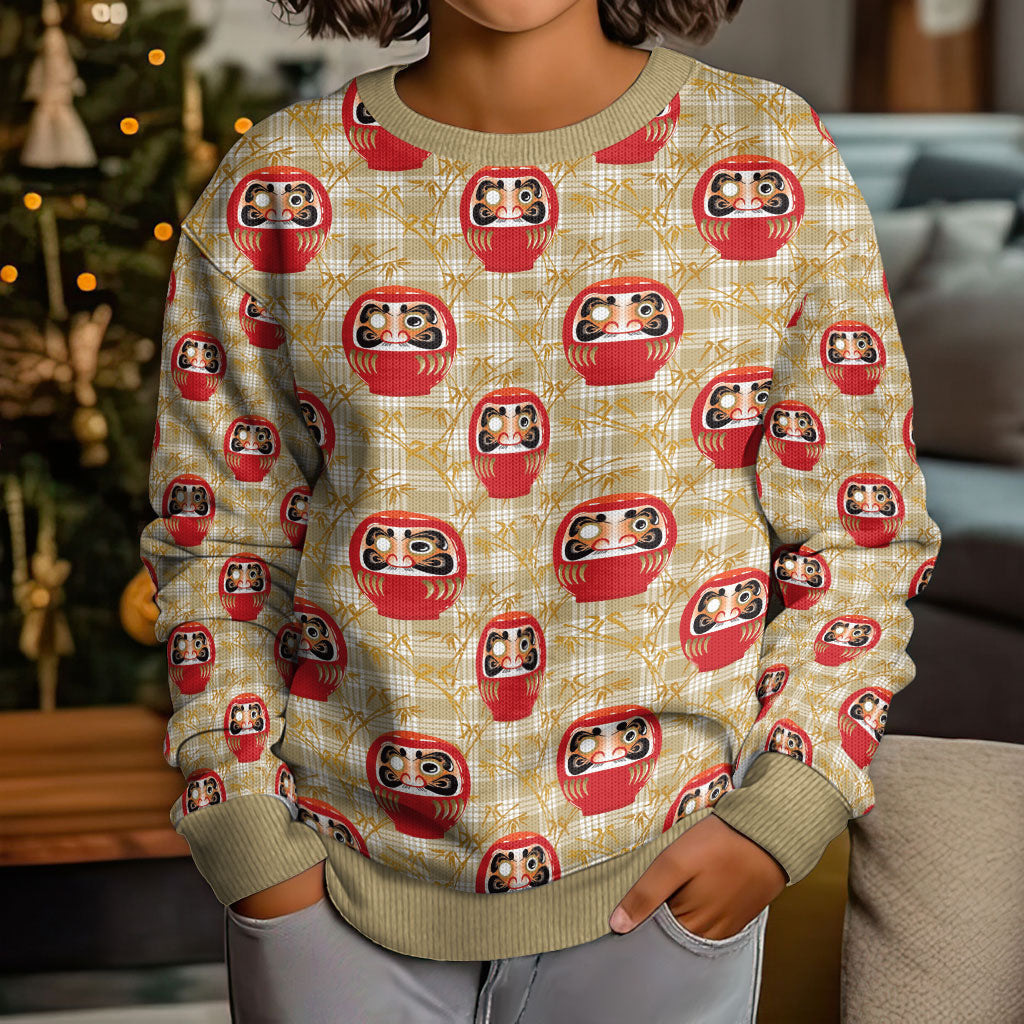 Japanese Daruma Doll Kid Ugly Christmas Sweater Palaka With Seamless Bamboo Pattern