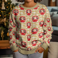 Japanese Daruma Doll Kid Ugly Christmas Sweater Palaka With Seamless Bamboo Pattern