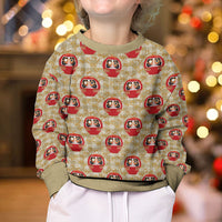 Japanese Daruma Doll Kid Ugly Christmas Sweater Palaka With Seamless Bamboo Pattern