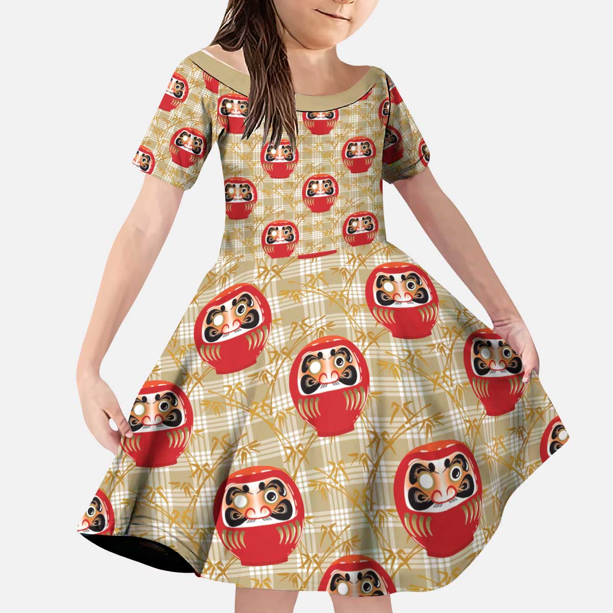 Japanese Daruma Doll Kid Short Sleeve Dress Palaka With Seamless Bamboo Pattern - Polynesian Pride